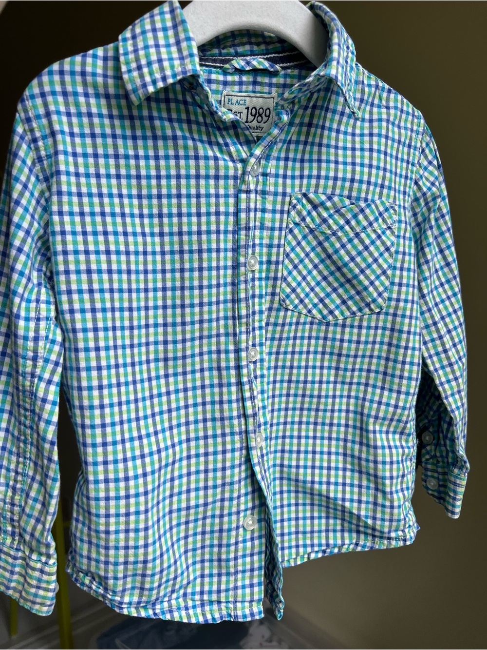 Place size 2T Checkered Button-Down Shirt in Blue, Green & White 100% Cotton